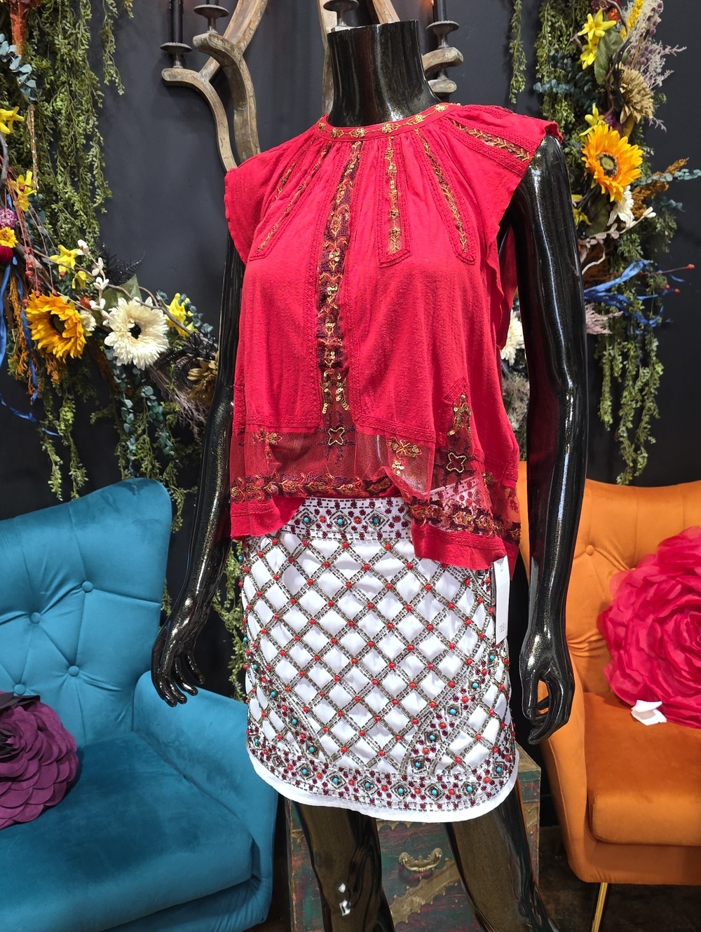 Tobi Heavily Embroidered Beaded Mini Skirt